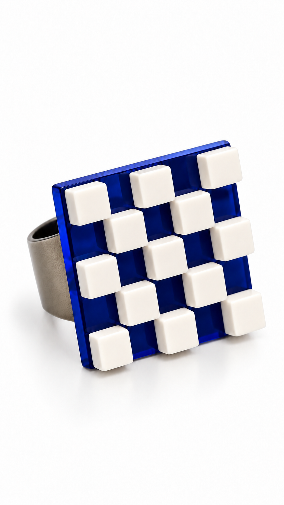 Anello Scacchiera d'arte Blu-Bianco | J’ESSENTIA