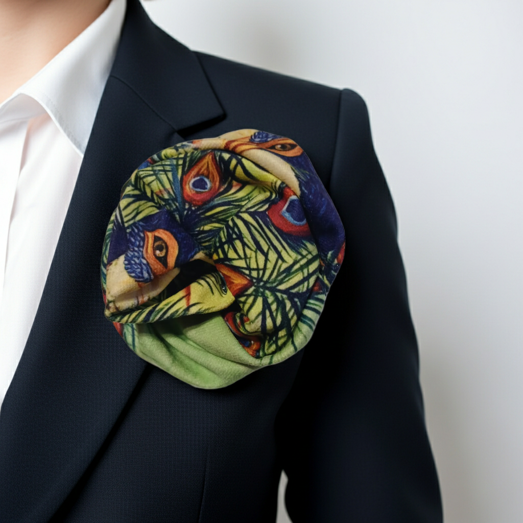 Spilla Boutonniere in tessuto "Piume Di Pavone"