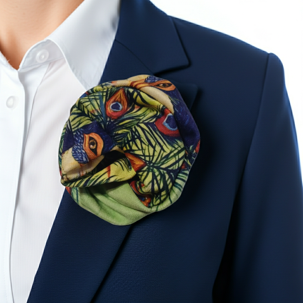 Spilla Boutonniere in tessuto "Piume Di Pavone"